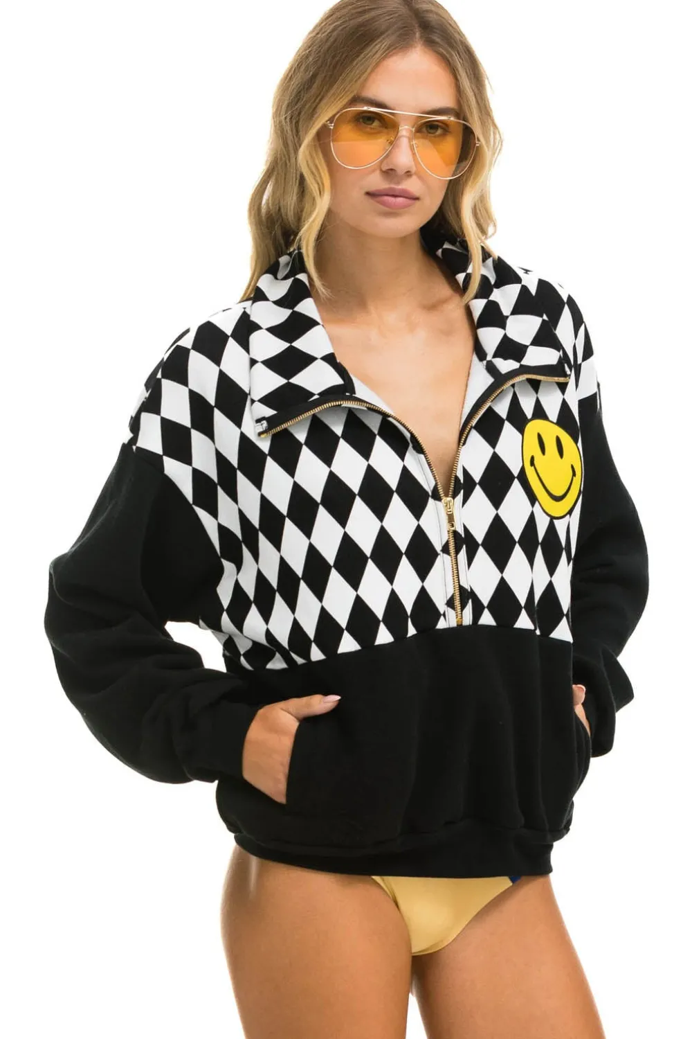 Sweatshirts | Sweatshirts | Aviator Nation DIAMOND SMILEY 2 EMBROIDERY FLEECE HALF ZIP SWEATSHIRT - BLACK // WHITE BLACK//WHITE
