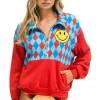 Sweatshirts | Sweatshirts | Aviator Nation DIAMOND SMILEY 2 FLEECE HALF ZIP COLOR BLOCK SWEATSHIRT - RED // SKY RED//SKY