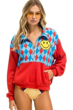 Sweatshirts | Sweatshirts | Aviator Nation DIAMOND SMILEY 2 FLEECE HALF ZIP COLOR BLOCK SWEATSHIRT - RED // SKY RED//SKY