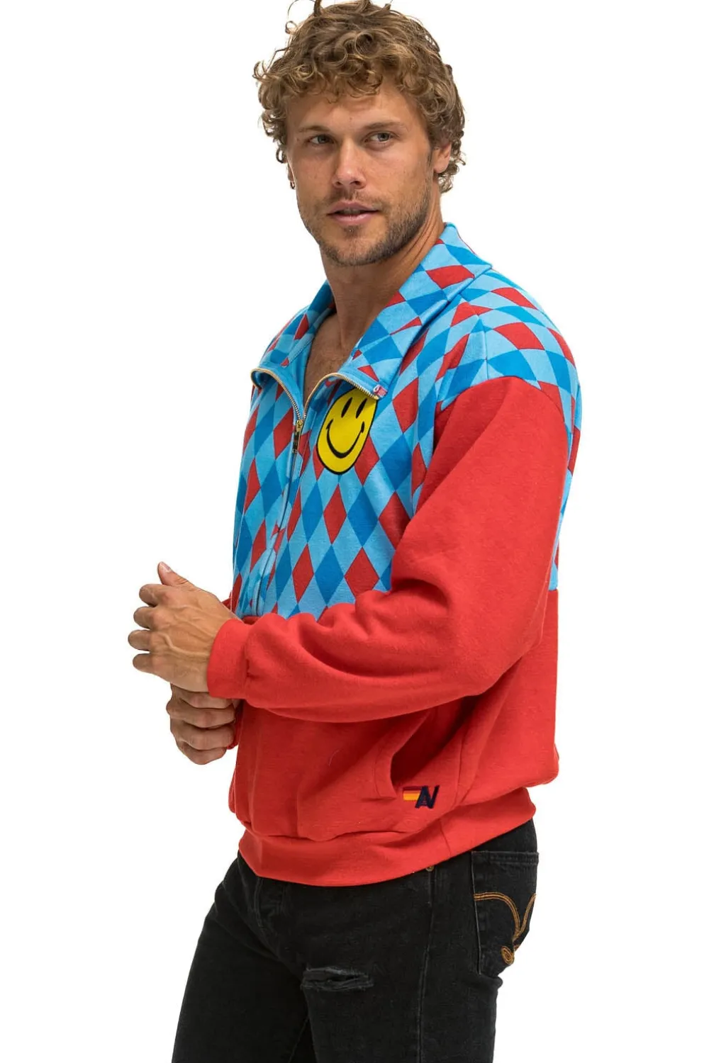 Sweatshirts | Sweatshirts | Aviator Nation DIAMOND SMILEY 2 FLEECE HALF ZIP COLOR BLOCK SWEATSHIRT - RED // SKY RED//SKY