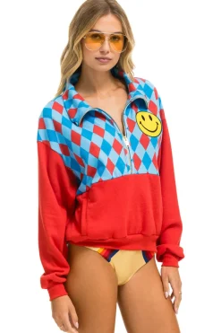 Sweatshirts | Sweatshirts | Aviator Nation DIAMOND SMILEY 2 FLEECE HALF ZIP COLOR BLOCK SWEATSHIRT - RED // SKY RED//SKY