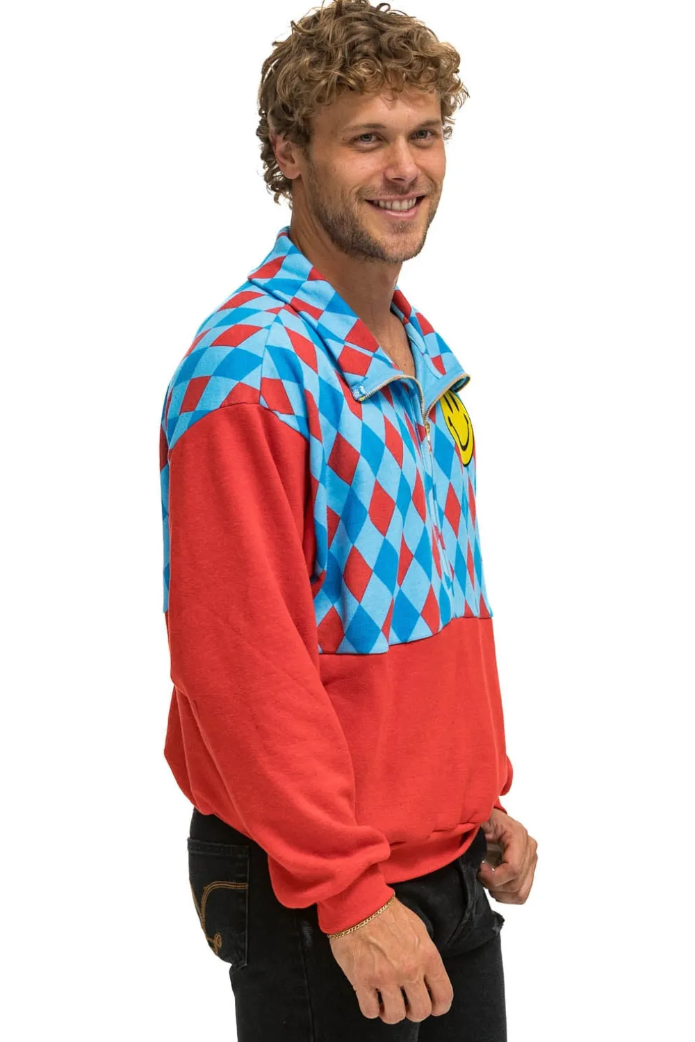 Sweatshirts | Sweatshirts | Aviator Nation DIAMOND SMILEY 2 FLEECE HALF ZIP COLOR BLOCK SWEATSHIRT - RED // SKY RED//SKY