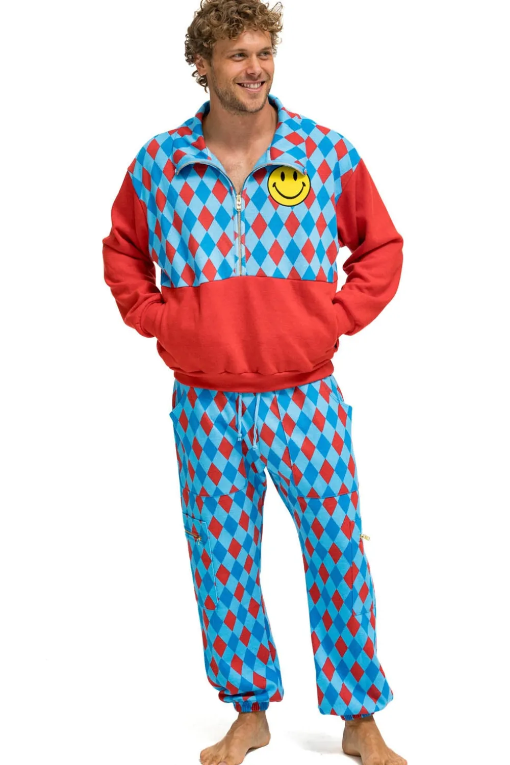 Sweatshirts | Sweatshirts | Aviator Nation DIAMOND SMILEY 2 FLEECE HALF ZIP COLOR BLOCK SWEATSHIRT - RED // SKY RED//SKY
