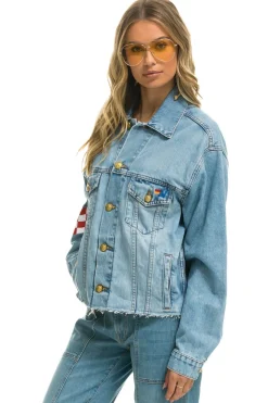 Denim | Denim | Aviator Nation LIVE FREE OVERSIZED CROP DENIM JACKET - SUPER LIGHT SUPERLIGHT