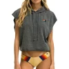 Hoodies | Aviator Nation LOGO EMBROIDERY SLEEVELESS RELAXED CROPPED PULLOVER HOODIE - HEATHER GREY HEATHERGREY