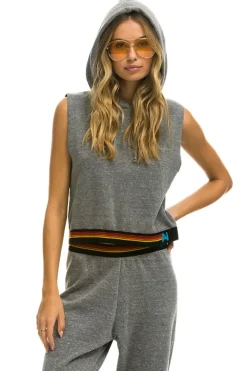 Hoodies | Aviator Nation LOGO STRIPE SLEEVELESS CROP PULLOVER HOODIE - HEATHER GREY HEATHERGREY