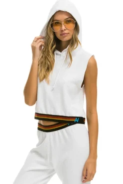 Hoodies | Aviator Nation LOGO STRIPE SLEEVELESS CROP PULLOVER HOODIE - WHITE