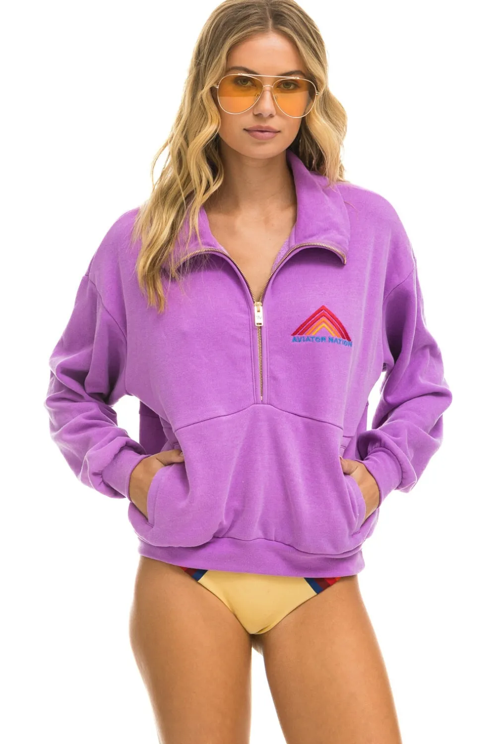 Sweatshirts | Sweatshirts | Aviator Nation MOUNTAIN EMBROIDERY HALF ZIP SWEATSHIRT - NEON PURPLE NEONPURPLE