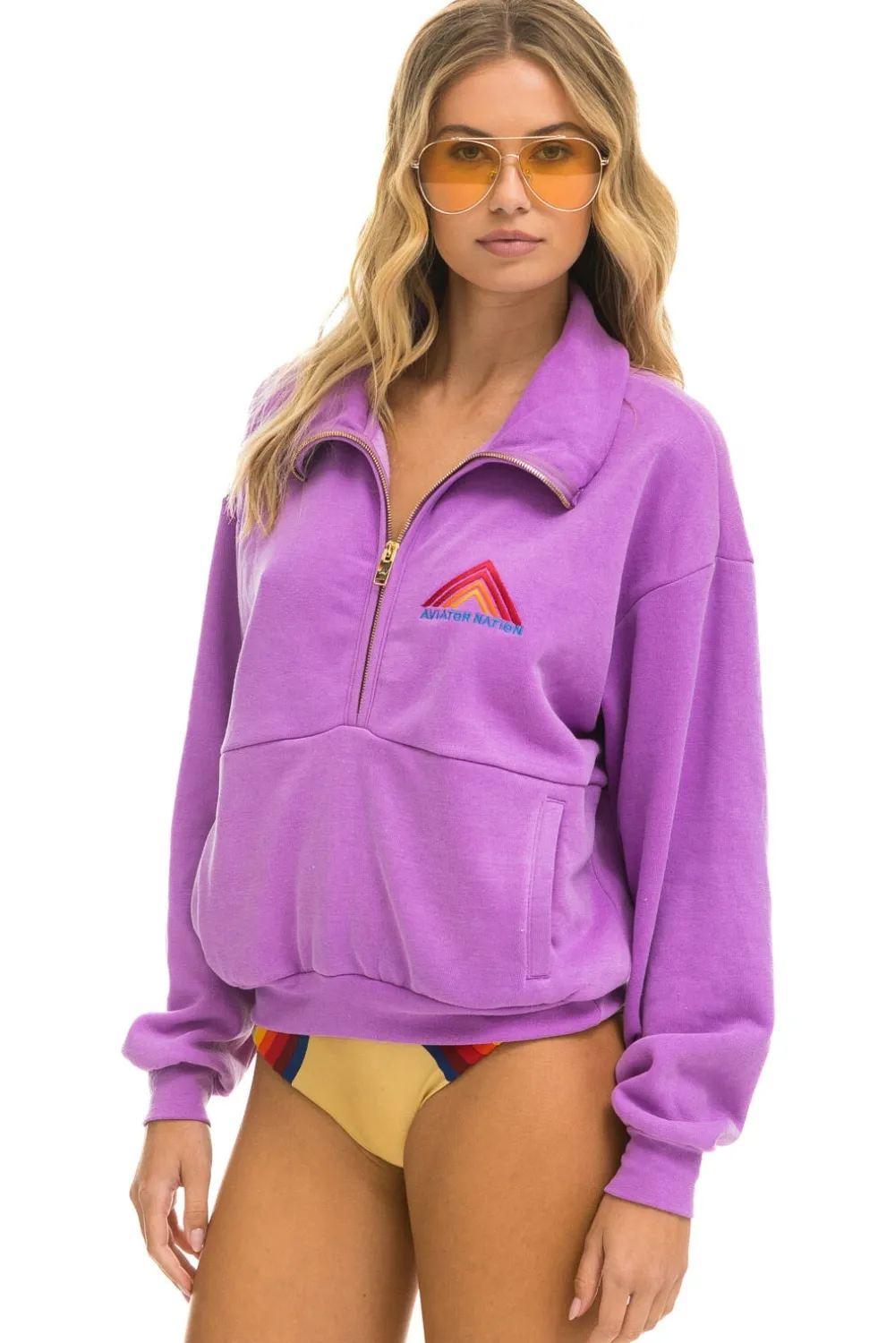 Sweatshirts | Sweatshirts | Aviator Nation MOUNTAIN EMBROIDERY HALF ZIP SWEATSHIRT - NEON PURPLE NEONPURPLE