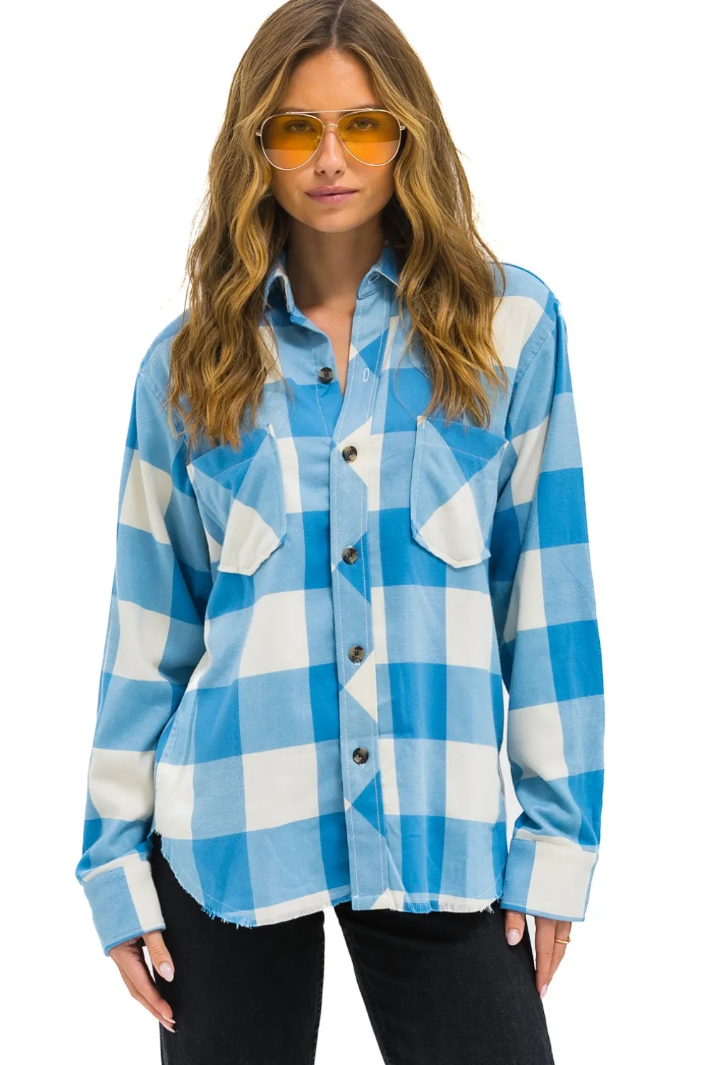 Tees | Aviator Nation PLAID FLANNEL LIGHT WEIGHT UNISEX WESTERN SHIRT - SKY PLAID SKYPLAID