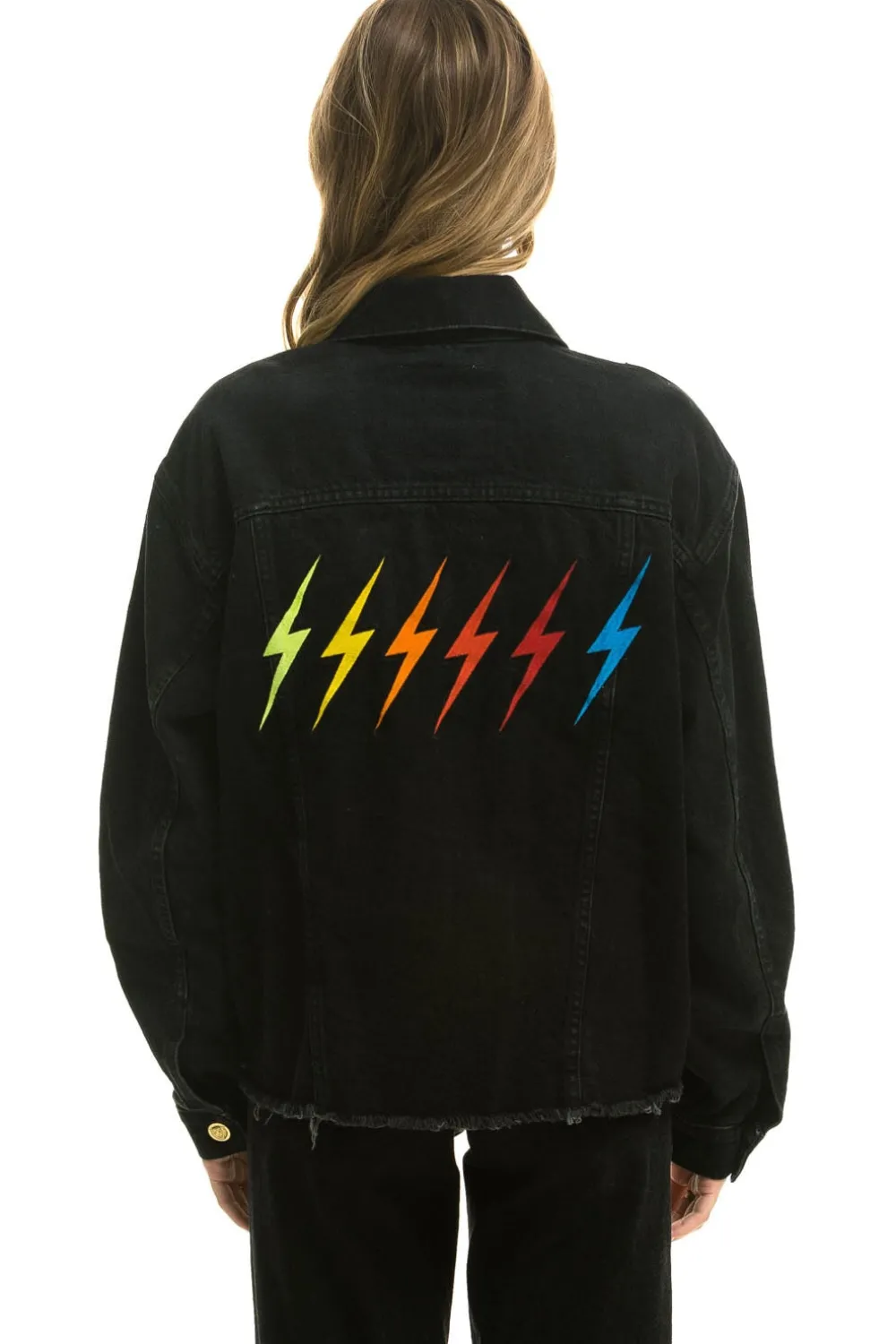 Denim | Denim | Aviator Nation RAINBOW BOLT OVERSIZED CROP DENIM JACKET - VINTAGE BLACK VINTAGEBLACK