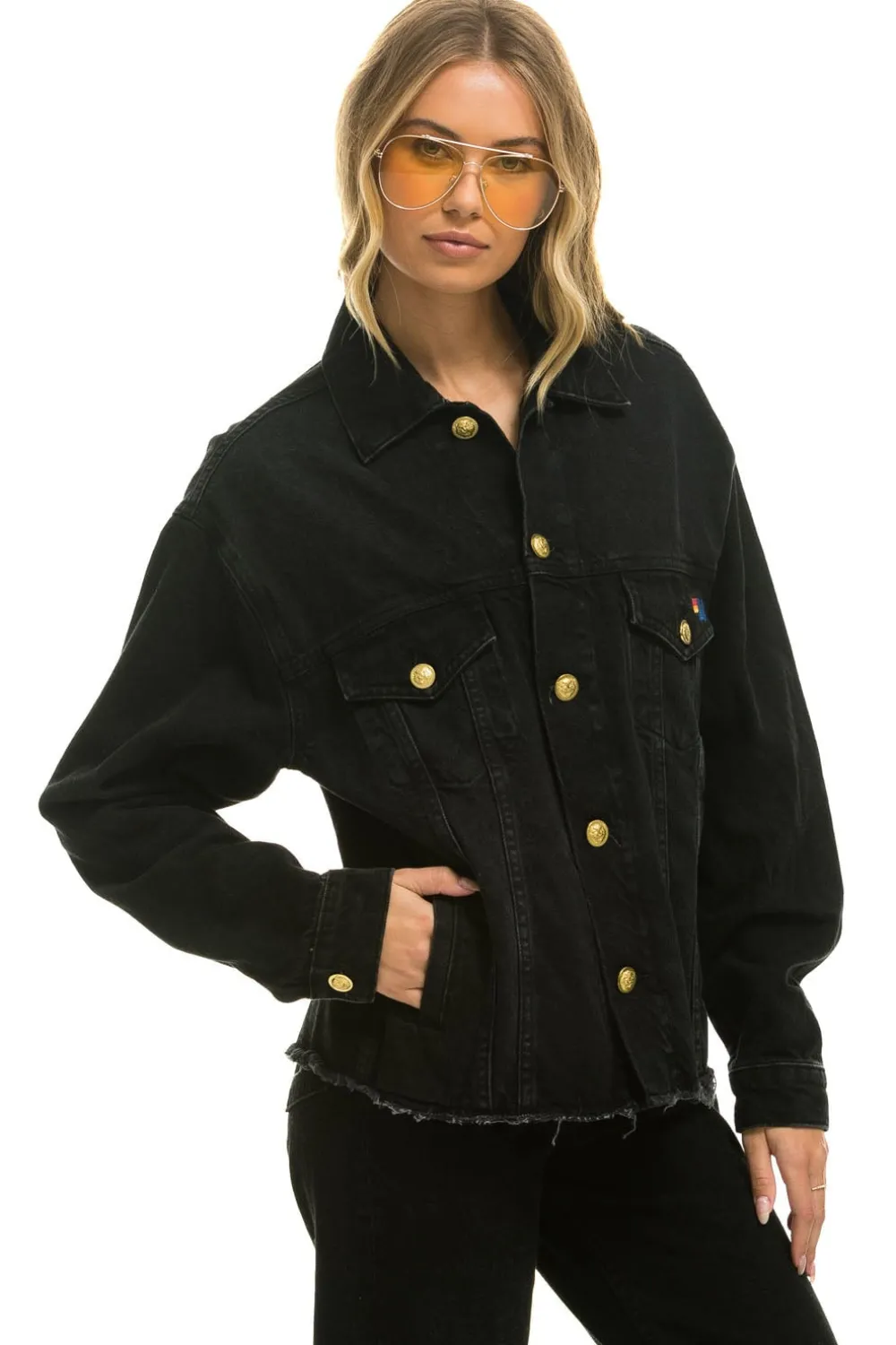 Denim | Denim | Aviator Nation RAINBOW BOLT OVERSIZED CROP DENIM JACKET - VINTAGE BLACK VINTAGEBLACK