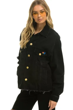 Denim | Denim | Aviator Nation RAINBOW BOLT OVERSIZED CROP DENIM JACKET - VINTAGE BLACK VINTAGEBLACK