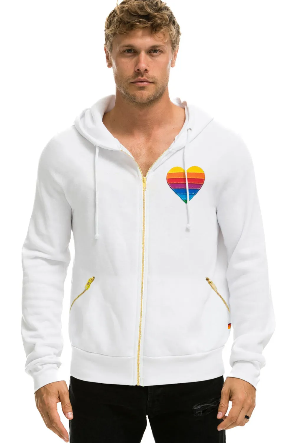 Hoodies | Hoodies | Aviator Nation RAINBOW HEART STITCH ZIP HOODIE W/ POCKETS - WHITE