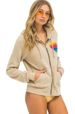 Hoodies | Hoodies | Aviator Nation RAINBOW HEART STITCH ZIP HOODIE - SAND