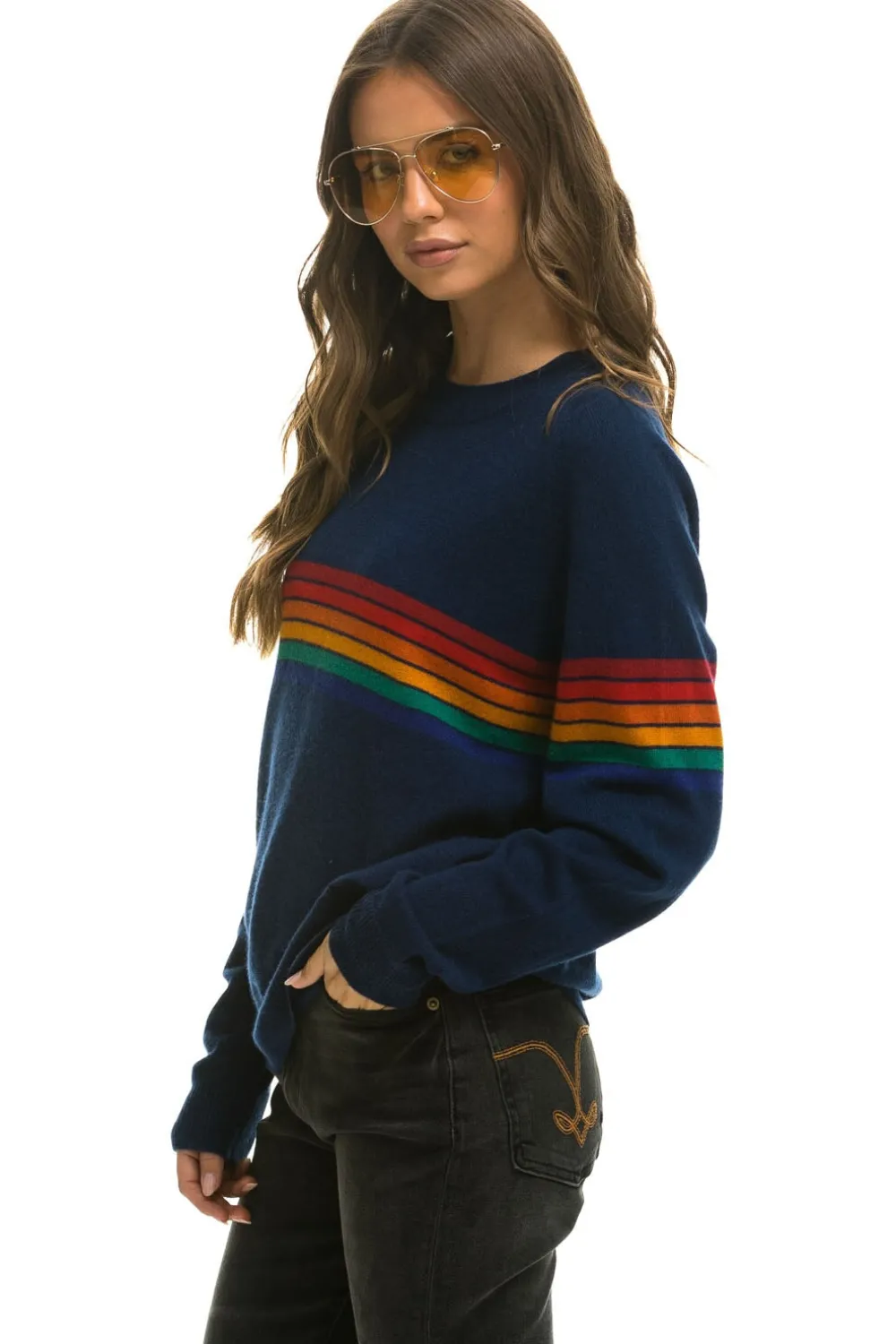 Sweatshirts | Aviator Nation RAINBOW STRIPE 6 UNISEX LIGHT CASHMERE SWEATER - MIDNIGHT