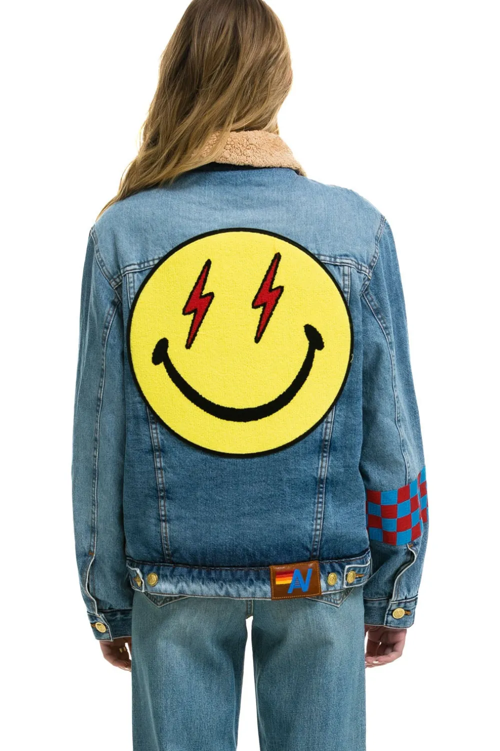 Denim | Denim | Aviator Nation SMALL STOKED BOLT SMILEY RANCH SHERPA DENIM JACKET - SUPER LIGHT SUPERLIGHT