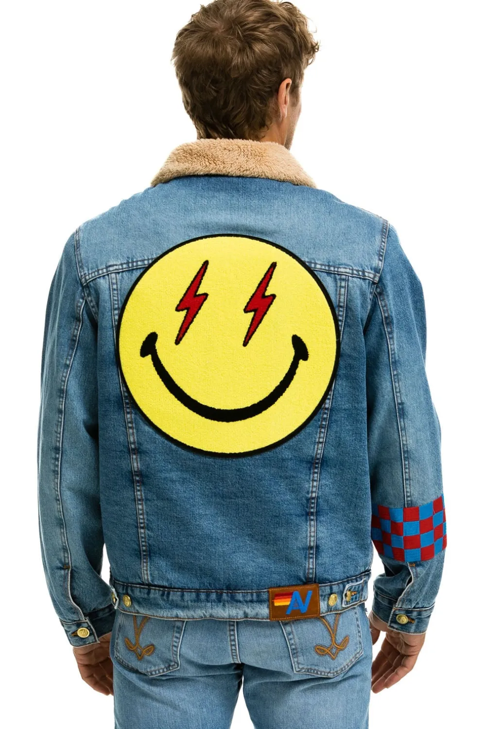 Denim | Denim | Aviator Nation SMALL STOKED BOLT SMILEY RANCH SHERPA DENIM JACKET - SUPER LIGHT SUPERLIGHT