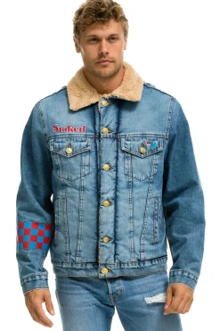 Denim | Denim | Aviator Nation SMALL STOKED BOLT SMILEY RANCH SHERPA DENIM JACKET - SUPER LIGHT SUPERLIGHT