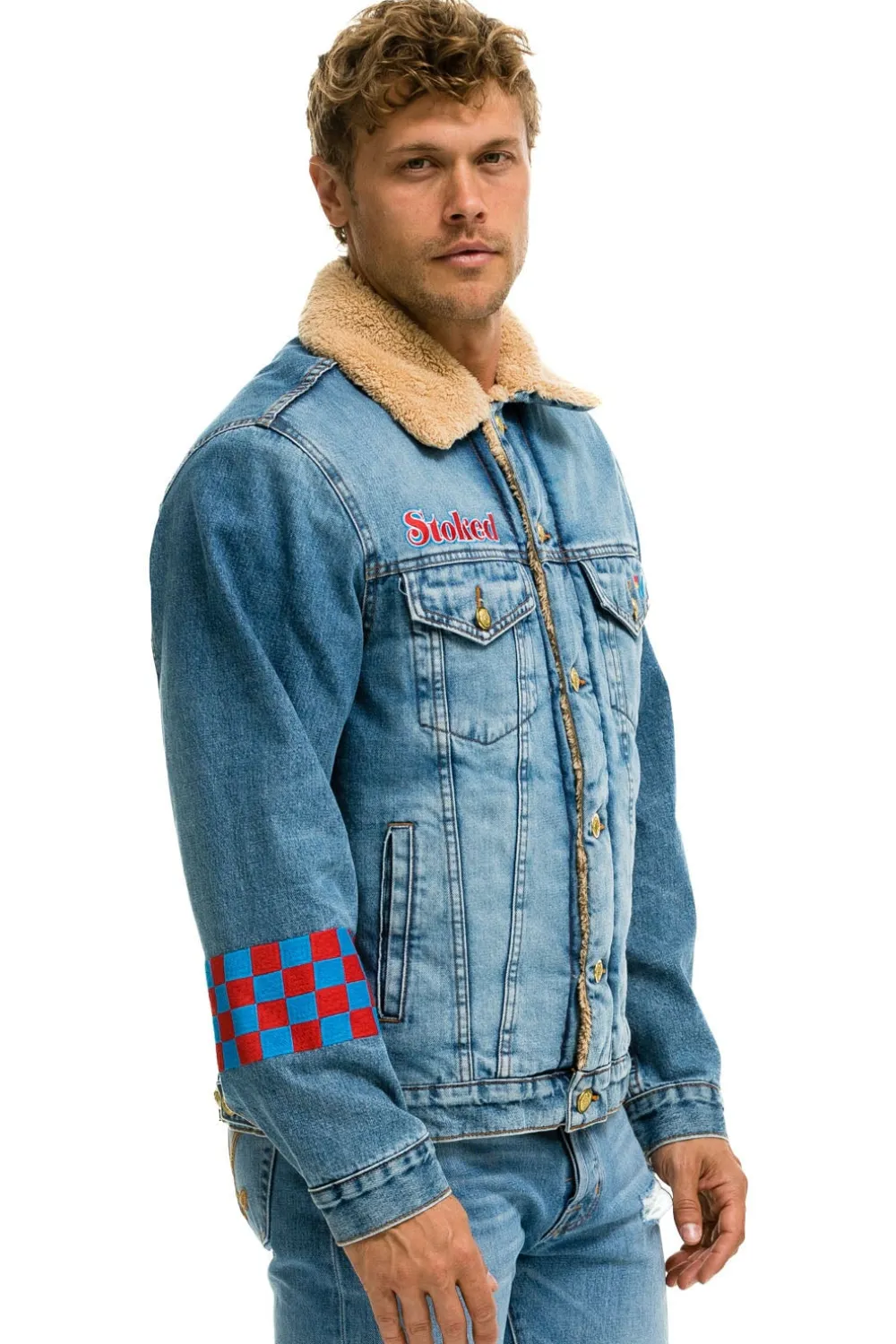 Denim | Denim | Aviator Nation SMALL STOKED BOLT SMILEY RANCH SHERPA DENIM JACKET - SUPER LIGHT SUPERLIGHT