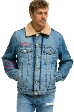 Denim | Denim | Aviator Nation SMALL STOKED BOLT SMILEY RANCH SHERPA DENIM JACKET - SUPER LIGHT SUPERLIGHT