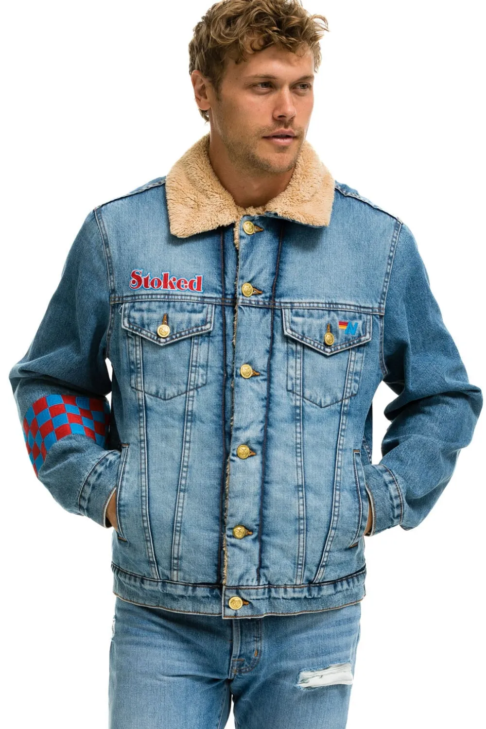 Denim | Denim | Aviator Nation SMALL STOKED BOLT SMILEY RANCH SHERPA DENIM JACKET - SUPER LIGHT SUPERLIGHT