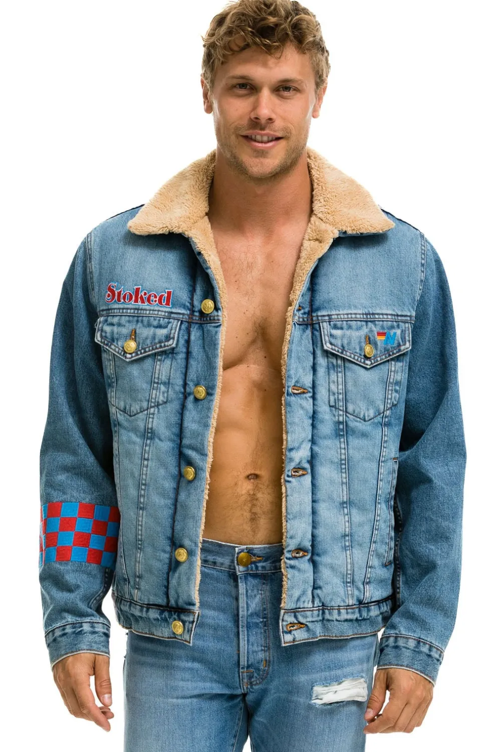 Denim | Denim | Aviator Nation SMALL STOKED BOLT SMILEY RANCH SHERPA DENIM JACKET - SUPER LIGHT SUPERLIGHT