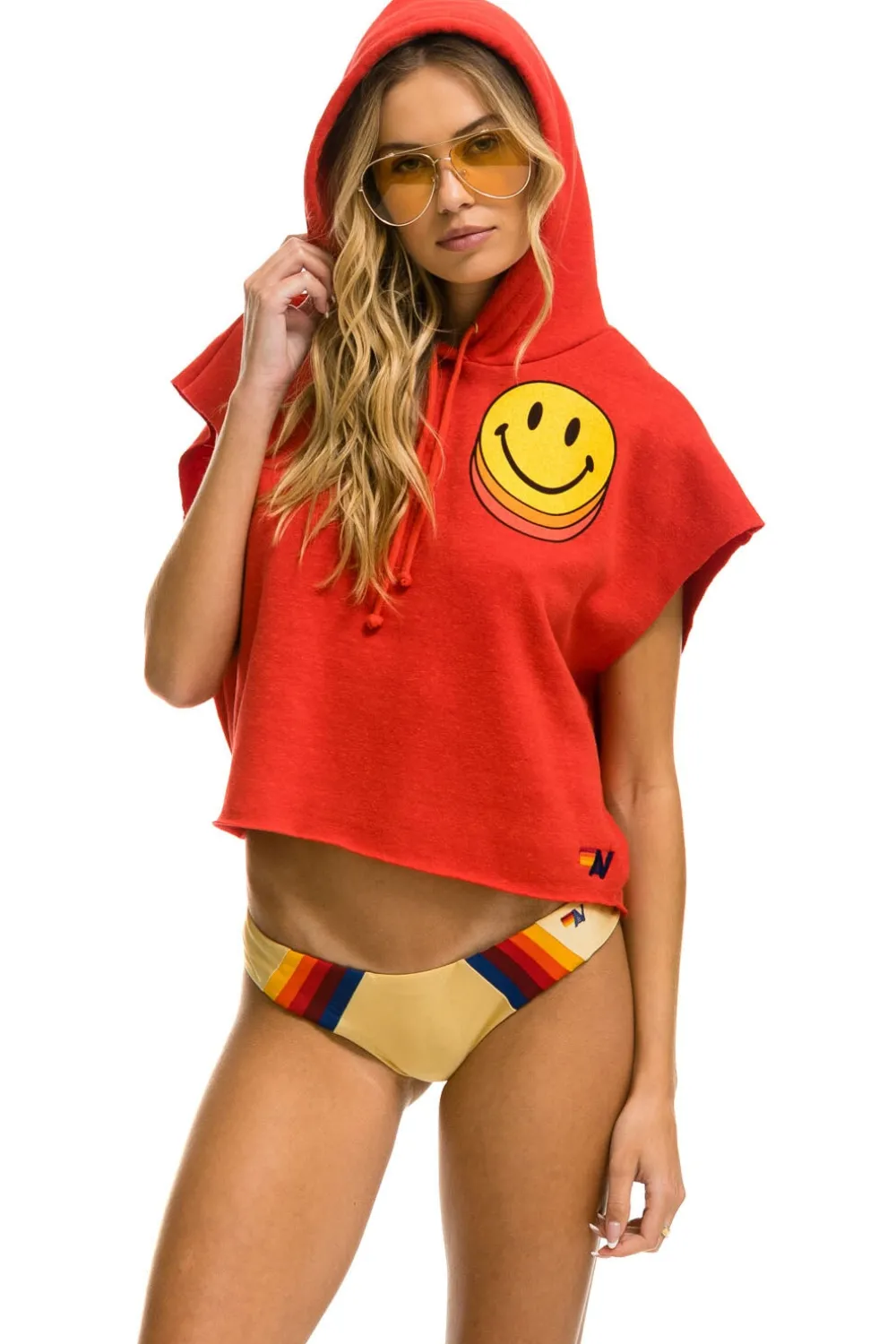 Hoodies | Aviator Nation SMILEY SUNSET SLEEVELESS RELAXED CROPPED PULLOVER HOODIE - RED