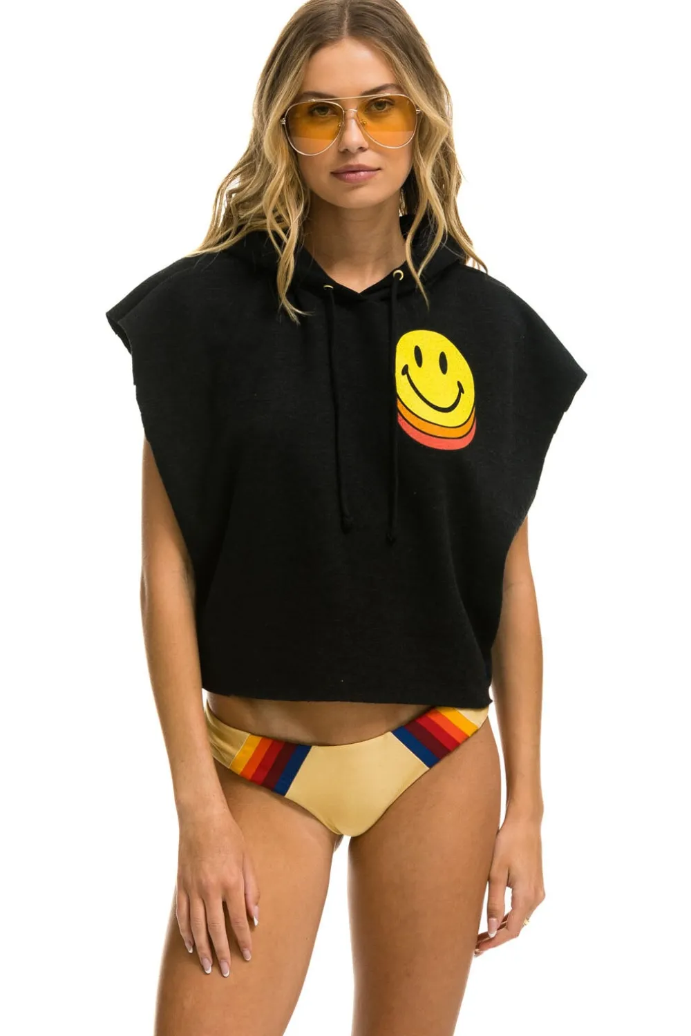 Hoodies | Aviator Nation SMILEY SUNSET SLEEVELESS RELAXED CROPPED PULLOVER HOODIE - BLACK