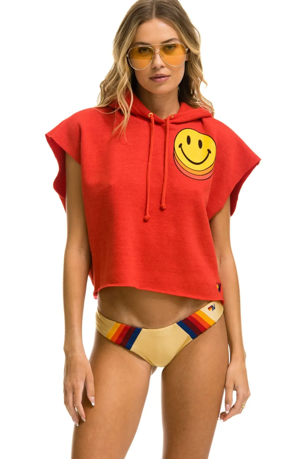 Hoodies | Aviator Nation SMILEY SUNSET SLEEVELESS RELAXED CROPPED PULLOVER HOODIE - RED
