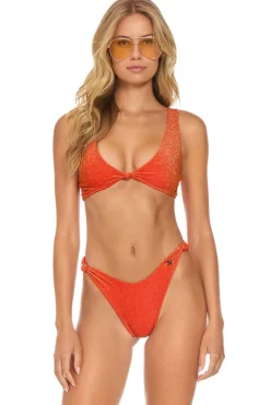 Swim Bottoms | Aviator Nation SPARKLE RIVIERA KNOT CHEEKY BIKINI BOTTOMS - HOT CORAL HOTCORAL
