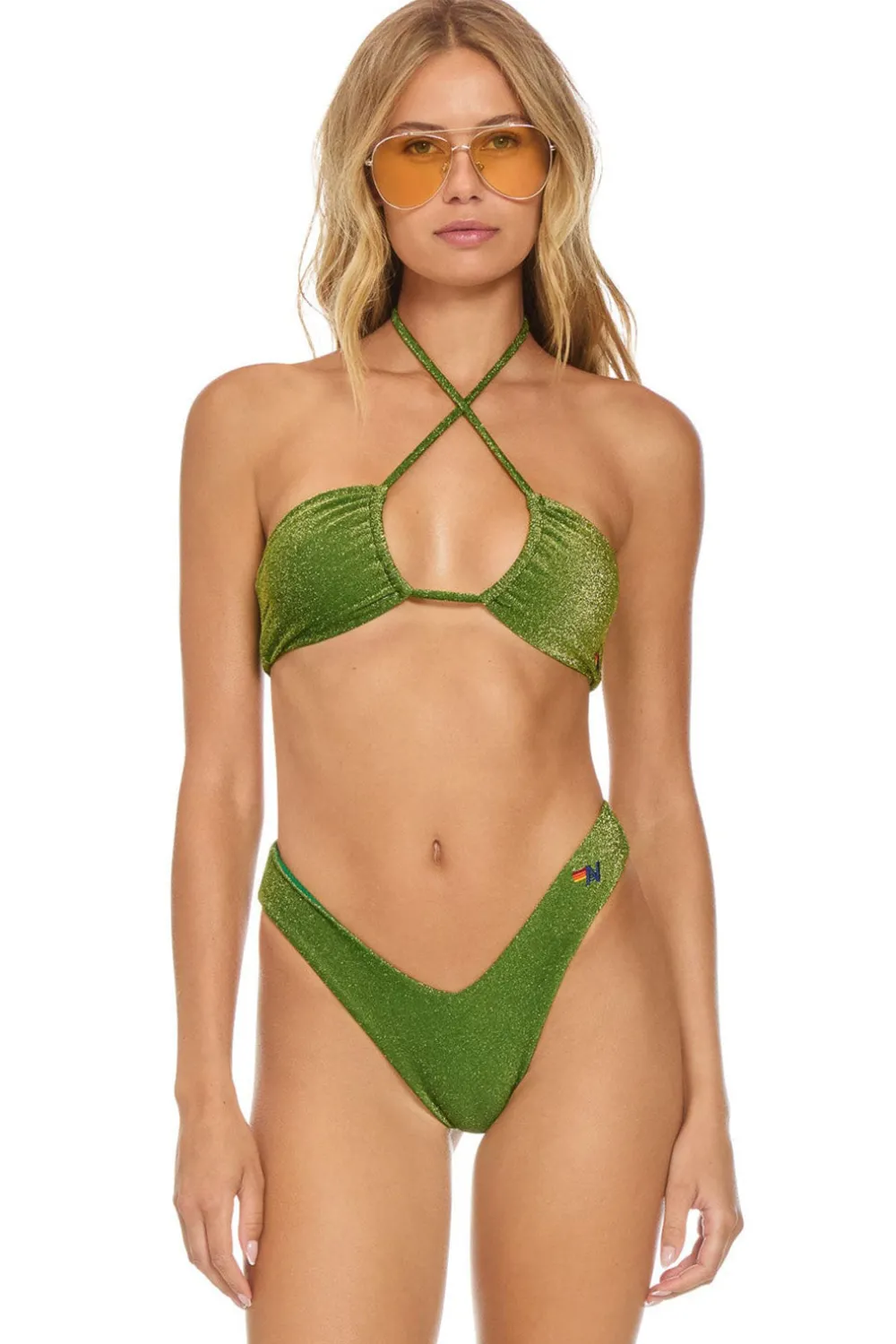 Swim Tops | Aviator Nation SPARKLE ST TROPEZ BANDEAU HALTER BIKINI TOP - ARMY