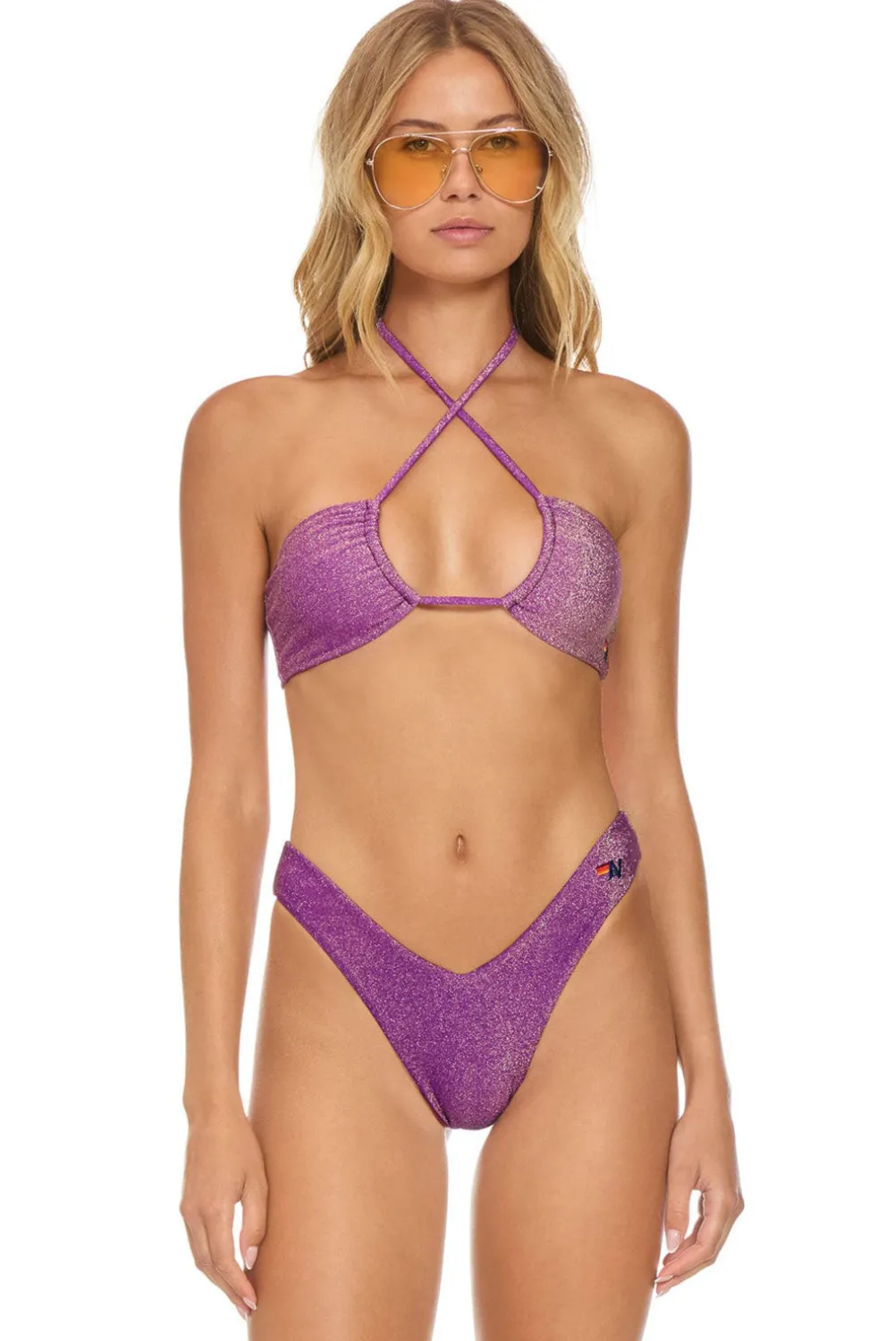 Swim Bottoms | Aviator Nation SPARKLE ST TROPEZ SCRUNCH CHEEKY BIKINI BOTTOMS - GRAPE
