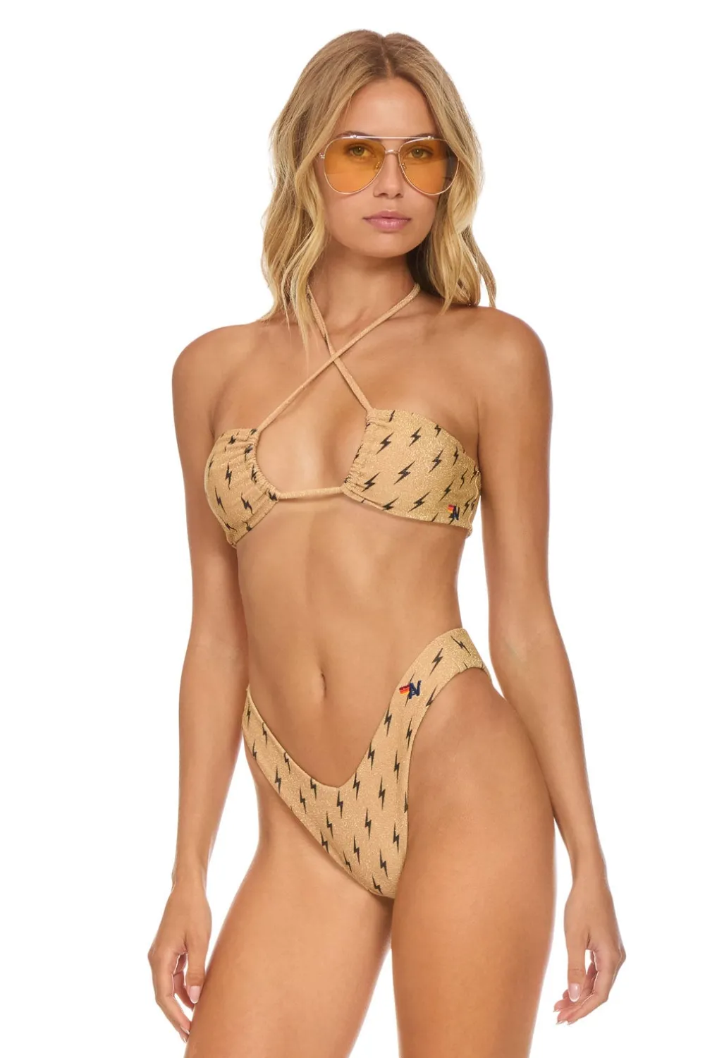 Swim Bottoms | Aviator Nation SPARKLE ST TROPEZ SCRUNCH CHEEKY BIKINI BOTTOMS - BLACK BOLT REPEAT BLACKBOLTREPEAT