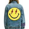 Denim | Denim | Aviator Nation STOKED BOLT SMILEY OVERSIZED CUTOFF DENIM JACKET - VINTAGE