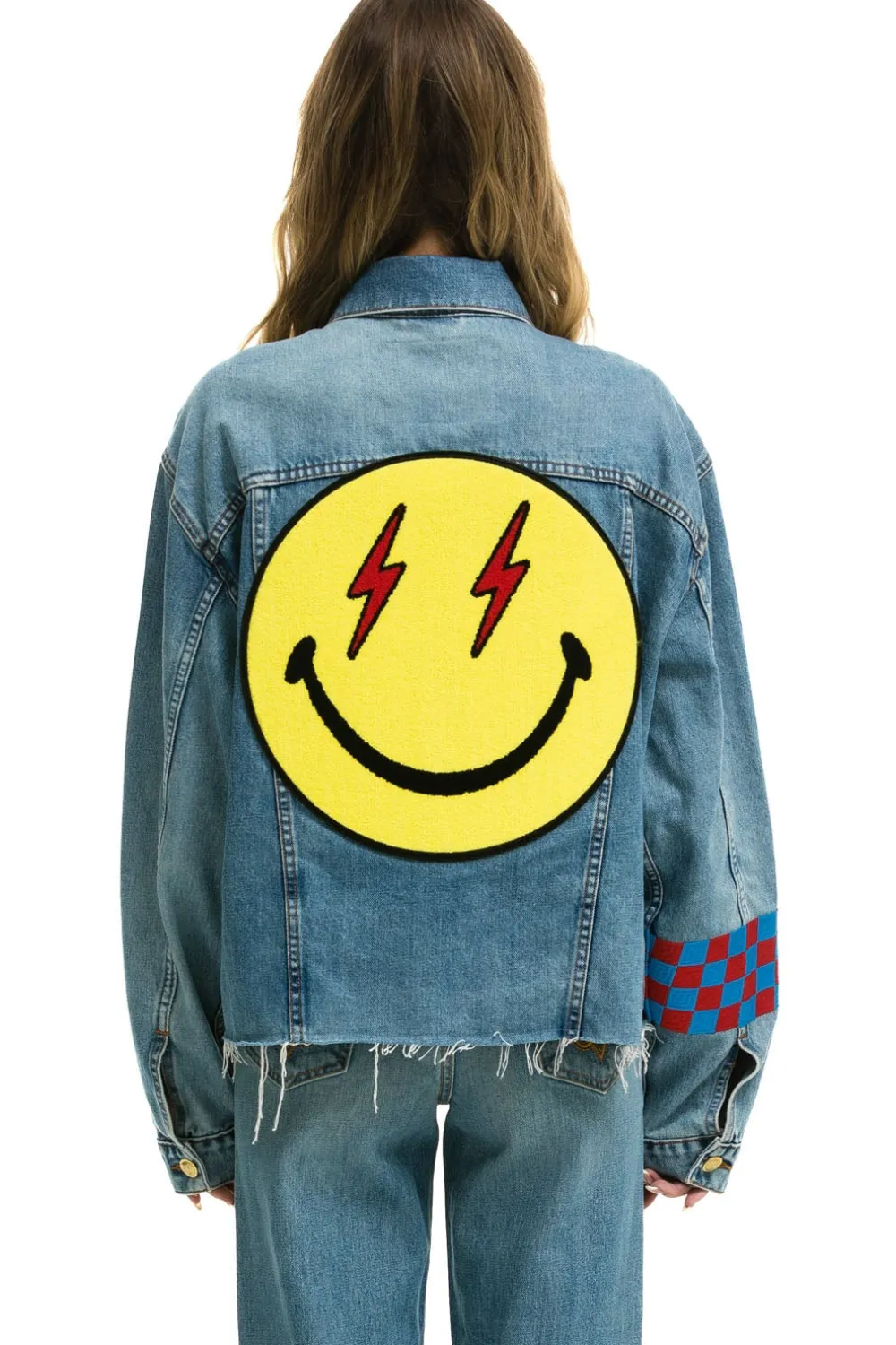 Denim | Denim | Aviator Nation STOKED BOLT SMILEY OVERSIZED CUTOFF DENIM JACKET - VINTAGE