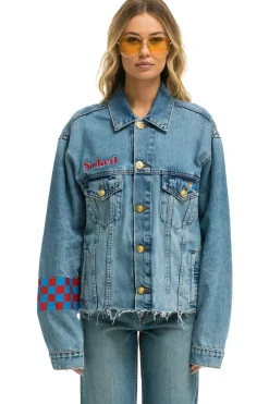 Denim | Denim | Aviator Nation STOKED BOLT SMILEY OVERSIZED CUTOFF DENIM JACKET - VINTAGE