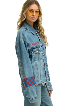 Denim | Denim | Aviator Nation STOKED BOLT SMILEY OVERSIZED CUTOFF DENIM JACKET - VINTAGE