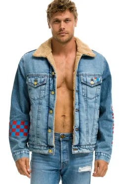 Denim | Denim | Aviator Nation STOKED BOLT SMILEY RANCH SHERPA DENIM JACKET- SUPER LIGHT 32%organiccotton-2%lycra-HandmadeinLAwithimportedmaterials-MalemodelwearingsizeL.FemalemodelwearingsizeXS.