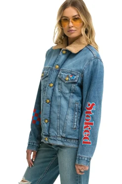 Denim | Denim | Aviator Nation STOKED BOLT SMILEY RANCH SHERPA DENIM JACKET- SUPER LIGHT 32%organiccotton-2%lycra-HandmadeinLAwithimportedmaterials-MalemodelwearingsizeL.FemalemodelwearingsizeXS.