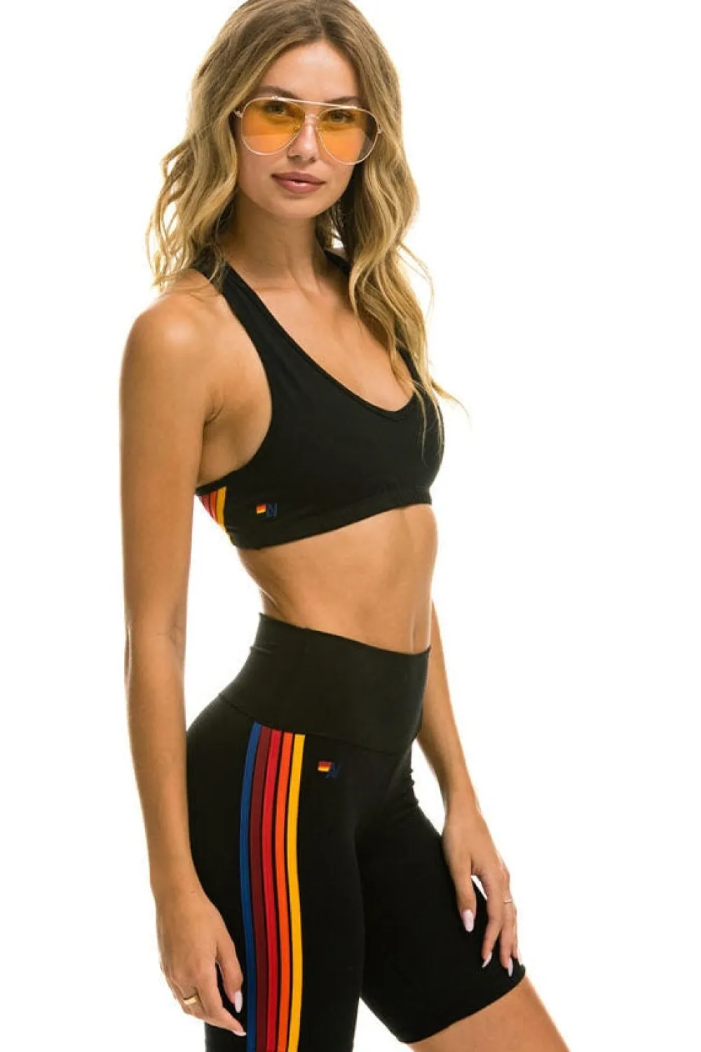 Activewear | Activewear | Aviator Nation 5 STRIPE RAINBOW 8 IN INSEAM HI-RISE BIKER SHORT - BLACK