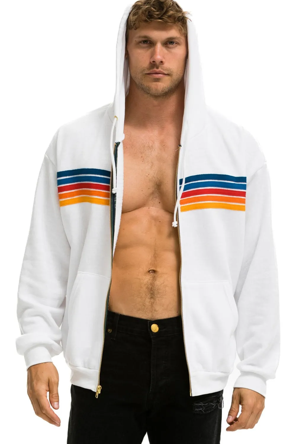 Hoodies | Hoodies | Aviator Nation 5 STRIPE RELAXED ZIP HOODIE - WHITE 2 WHITE2