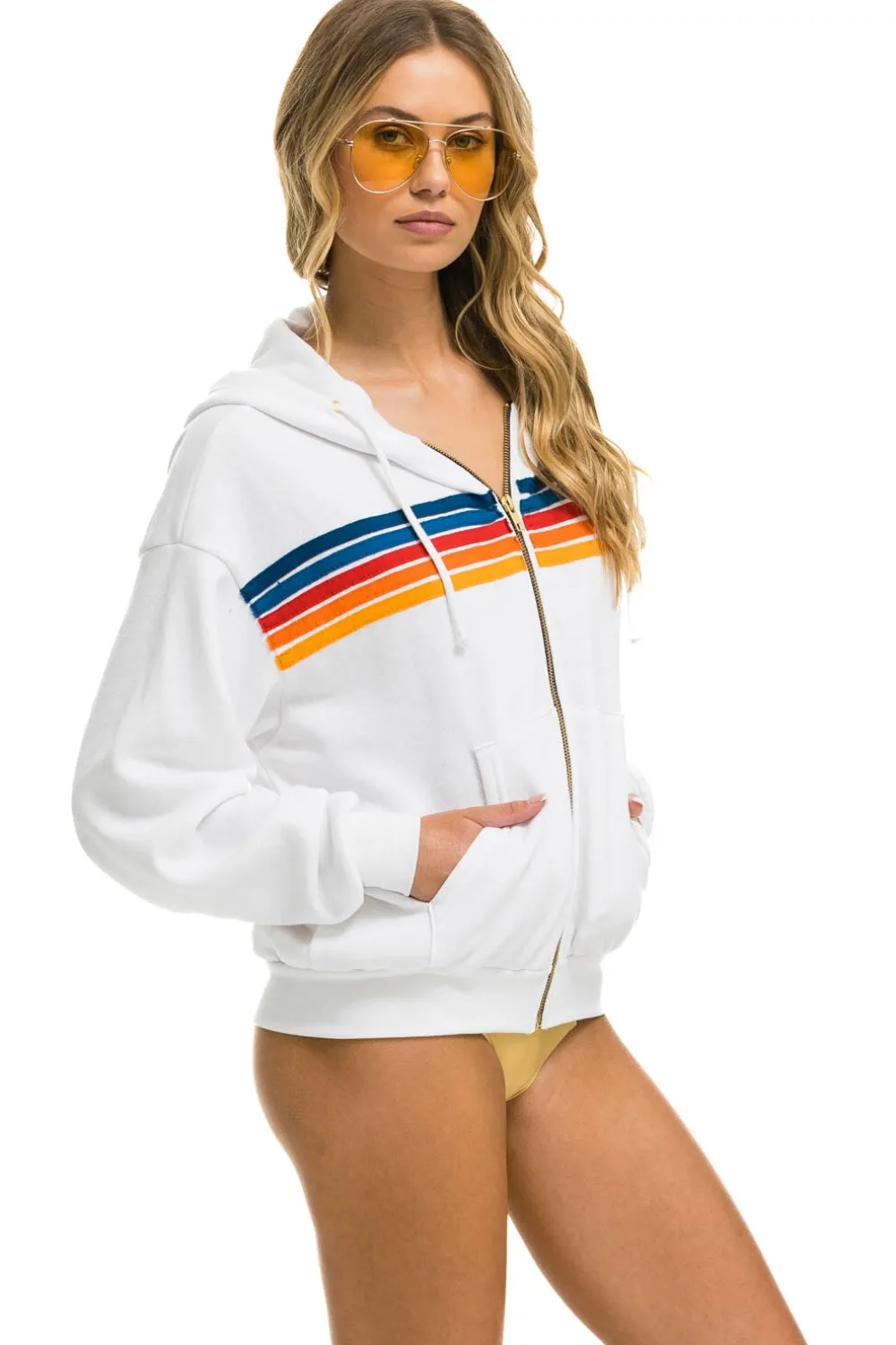Hoodies | Hoodies | Aviator Nation 5 STRIPE RELAXED ZIP HOODIE - WHITE 2 WHITE2