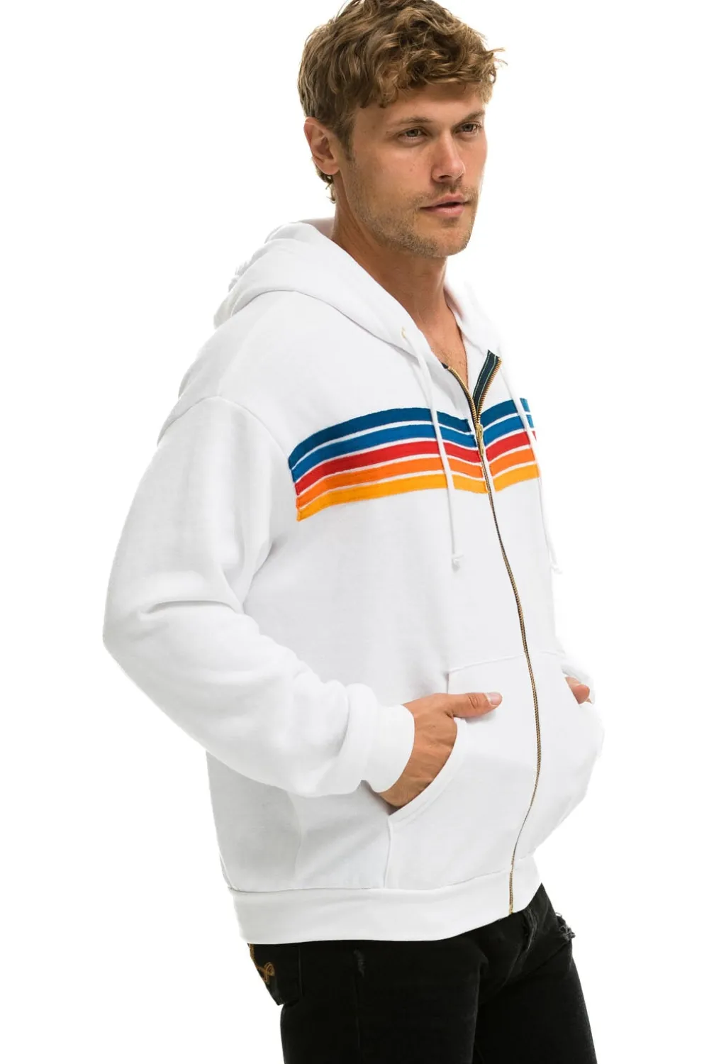 Hoodies | Hoodies | Aviator Nation 5 STRIPE RELAXED ZIP HOODIE - WHITE 2 WHITE2