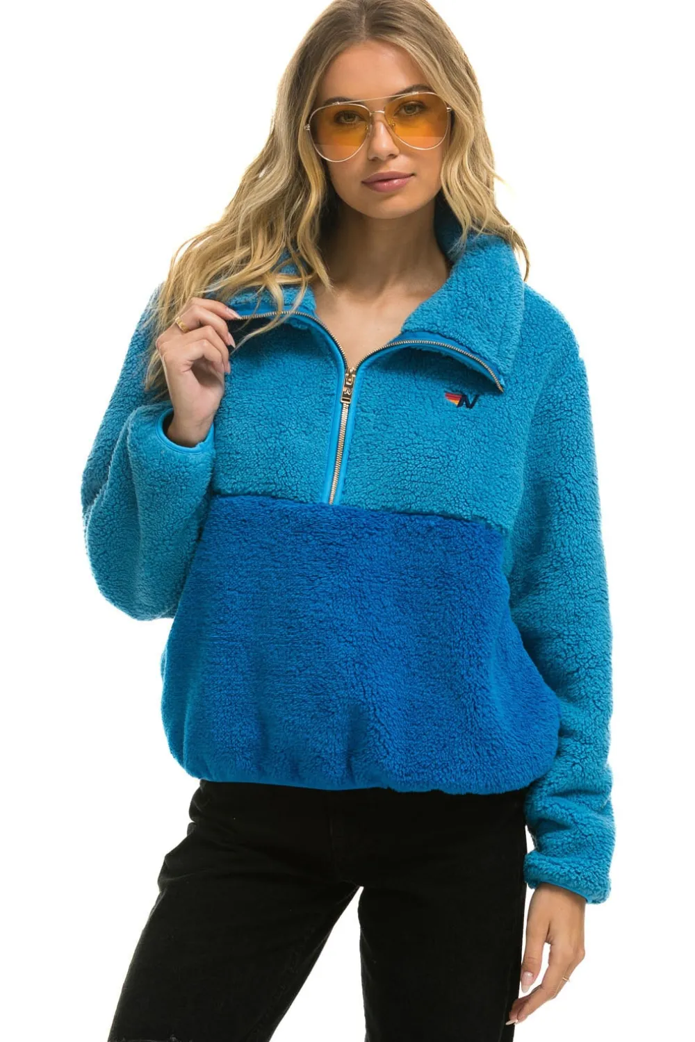 Teddy Jackets | Teddy Jackets | Aviator Nation TEDDY APRES HALF ZIP COLOR BLOCK JACKET - OCEAN