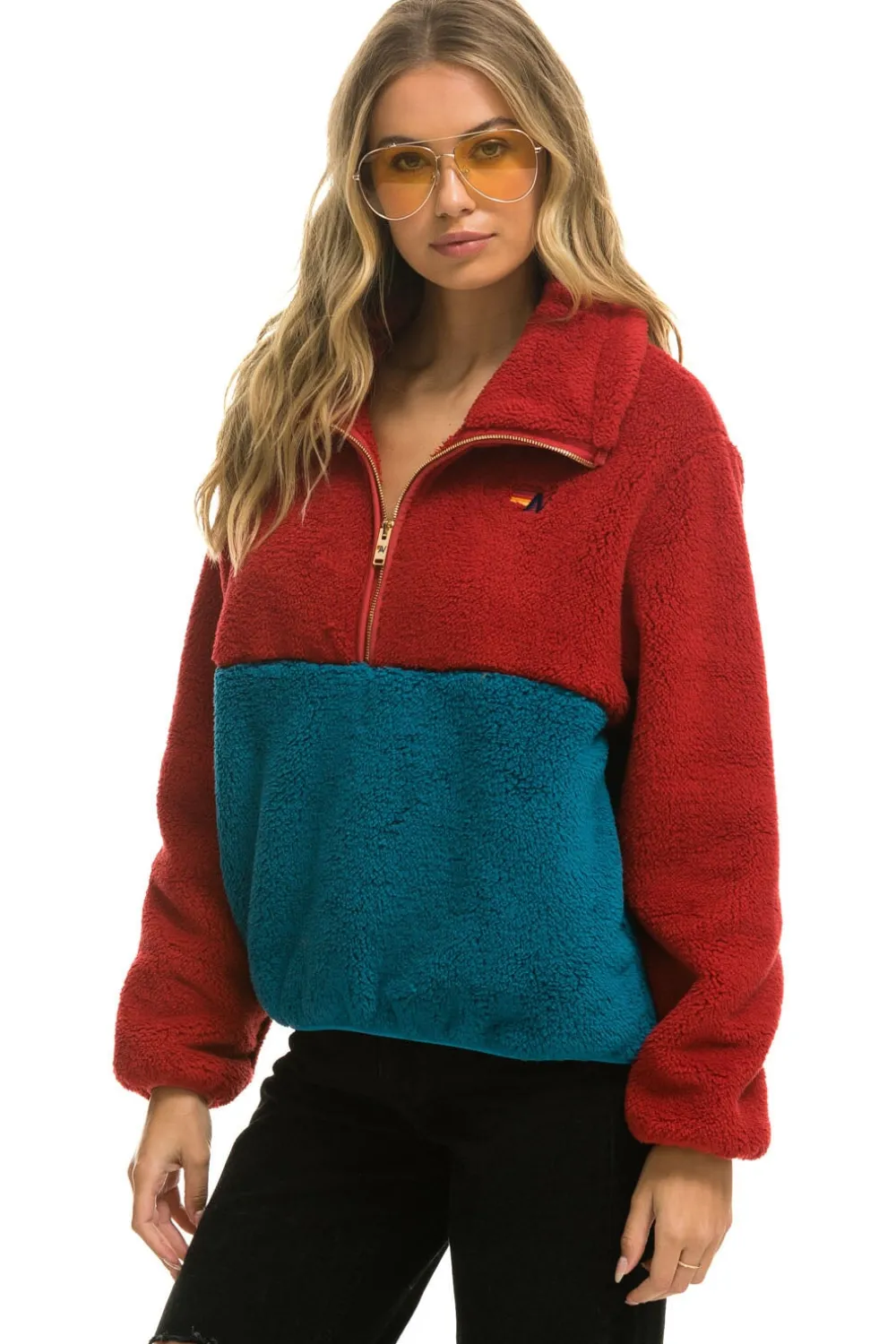 Teddy Jackets | Teddy Jackets | Aviator Nation TEDDY APRES HALF ZIP COLOR BLOCK JACKET - CHERRY