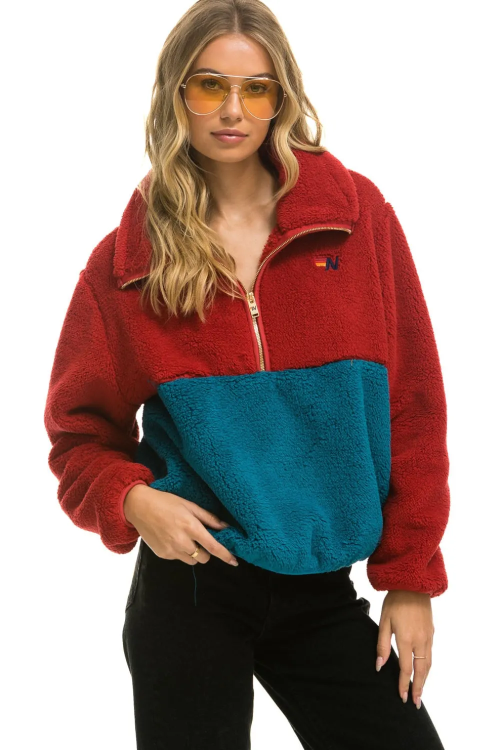 Teddy Jackets | Teddy Jackets | Aviator Nation TEDDY APRES HALF ZIP COLOR BLOCK JACKET - CHERRY