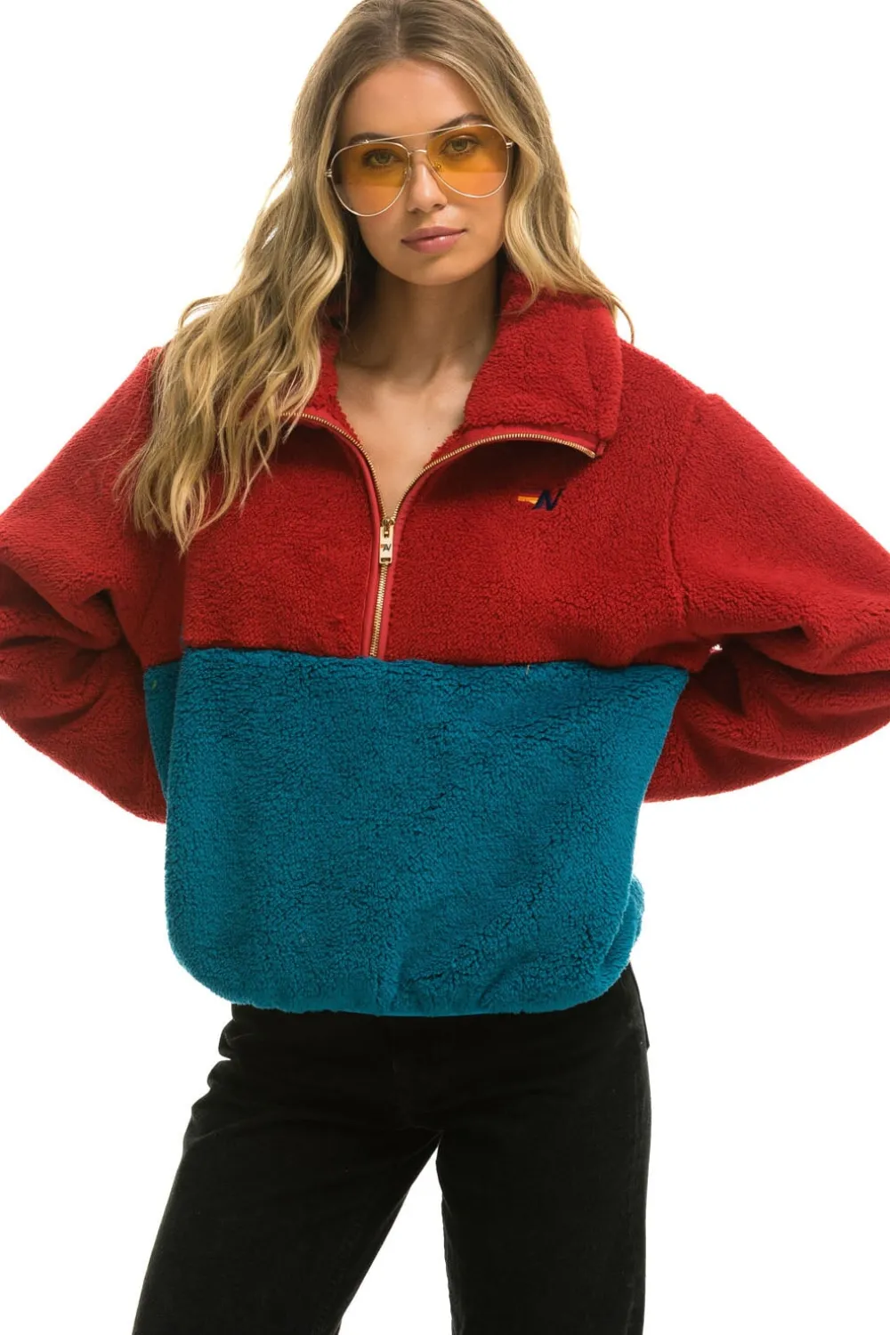 Teddy Jackets | Teddy Jackets | Aviator Nation TEDDY APRES HALF ZIP COLOR BLOCK JACKET - CHERRY