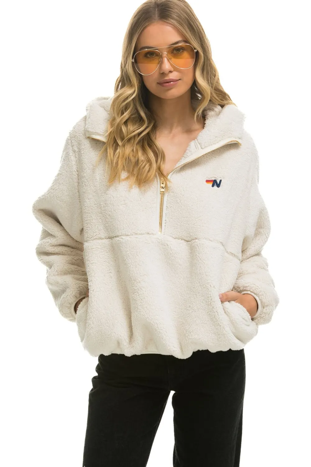 Teddy Jackets | Teddy Jackets | Aviator Nation TEDDY APRES HOODED HALF ZIP JACKET - VINTAGE WHITE VINTAGEWHITE