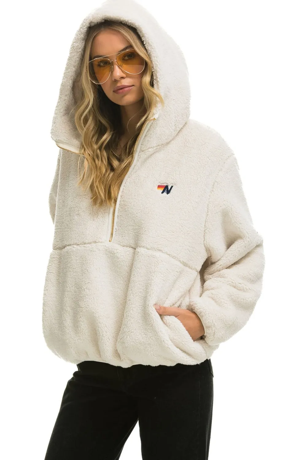 Teddy Jackets | Teddy Jackets | Aviator Nation TEDDY APRES HOODED HALF ZIP JACKET - VINTAGE WHITE VINTAGEWHITE